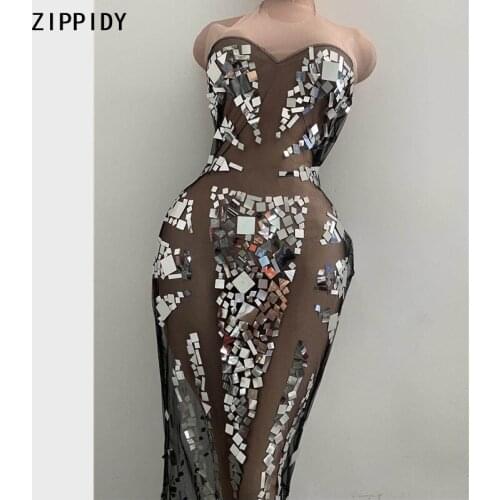 Flashing Silver Sequin Transparent Net Dress Birthday Bar Celebrate Black Dress Women Dance Prom Singer Long Dress