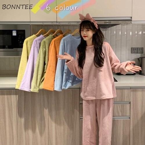 Pajama Sets Women Solid O-Neck Loose Leisure Full Length Candy Color Sweet Korean Style Outwear New Fashion Female Plus Size 2XL