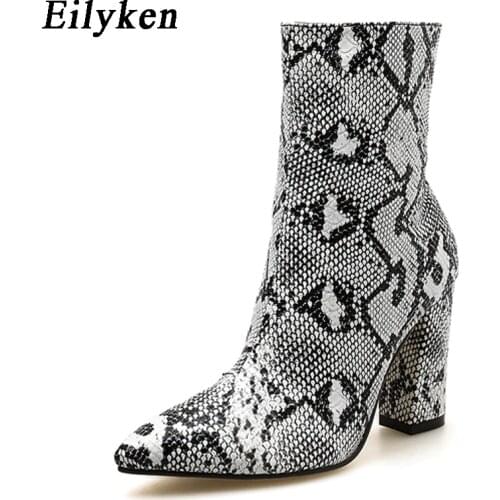 Eilyken Sexy Snakeskin grain Chelsea Boots Pointed Toe Square heel 9cm Zipper Women Ankle Boots Size 35-42