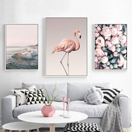 Ins style pink flamingo flower sea English letter modern decorative Picture Canvas Wall Art Poster for room office hotel decor