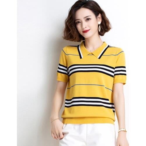 Summer Ice Silk Stripe Knitwear T-Shirt Plus Size Polo Collar Knit Pullover Loose Short Sleeve Sweater Knit Bottoming T-Shirt