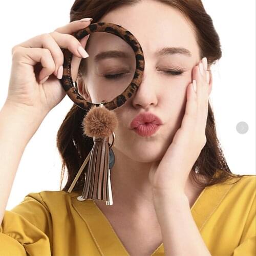 MANILAI Bohemia PU Leather Wristlet Keychain Bangle Fashion Leopard Snake Large Circle Keyring Pompom Tassel Bracelet For Women
