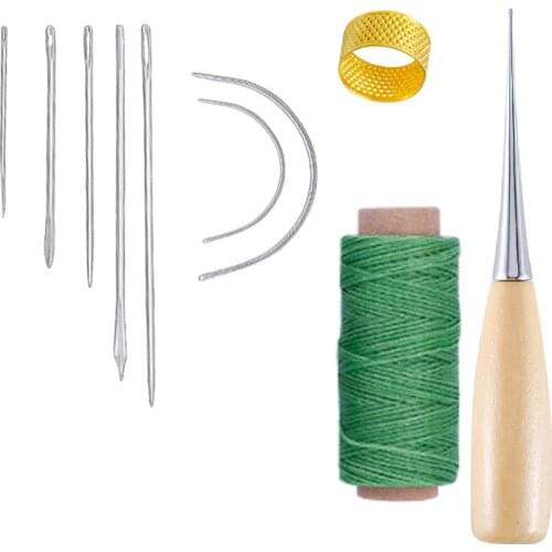 10 Pieces Hand Leathercraft Tool Set with Needle Leather Waxed Thread Cord Drilling Awl and Thimble for Leather Repair