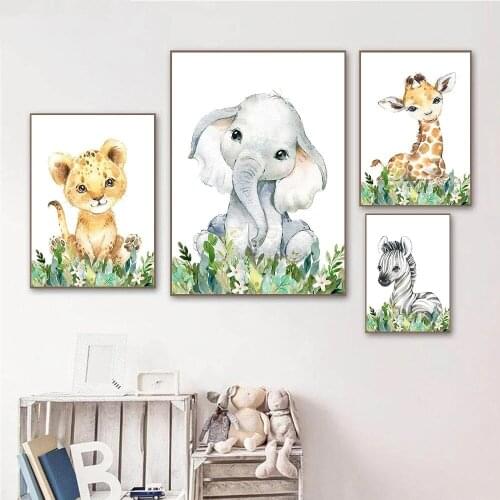 Woodland Animals Print Nordic Canvas Painting Zebra Giraffe Elephant Wall Art Posters Nursery Picture Kids Baby Room Wall Decor