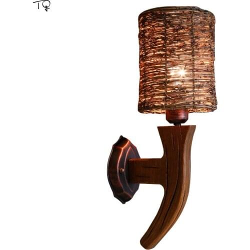 Southeast Asia Wall Lamp Led Rattan Hand Knitting American Retro Solid Wood Art Creative Aisle Teahouse Living Room Bedroom Bar
