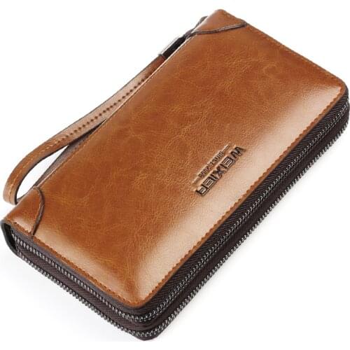 WEIXIER new leather mens wallet leather mens clutch bag zipper business large capacity long wallet with coin pocket phone bag