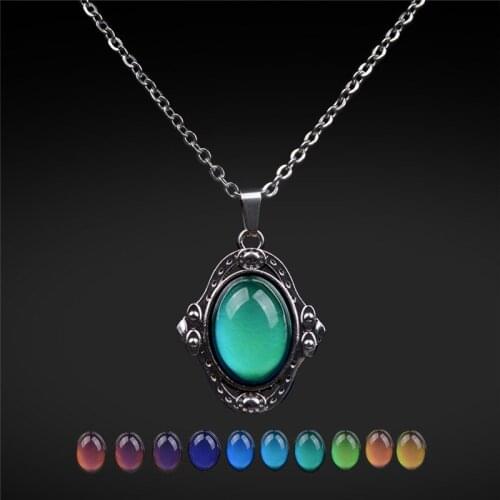 Mood Thermochromic Big Oval Stone Pendant Necklaces For Women Luxury Jewelry Fashion Silver Color Stainless Steel Chain Necklace