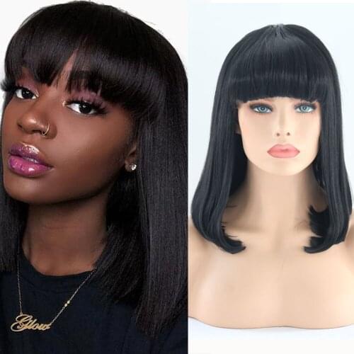 QUINLUX WIGS Heat Resistant Fiber Synthetic Hair Black Bob With Bangs Wig For Women Cosplay Show African Hair Lace Frontal Wig