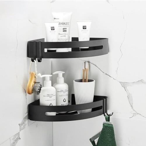 Bathroom Shelf Organizer Shower Storage Rack Black Corner Shelves Wall Mounted Aluminum Toilet Shampoo Holder No Drill