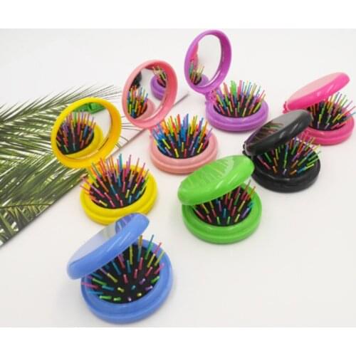 DREWTI Cute Makeup Comb Hair Brush Styling Tool Portable Mini Folding Comb Airbag Massage Round Travel Hair Brush with Mirror