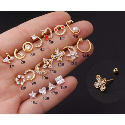 1 Piece 20Gauge Upper Lobe Cartilage Earrings Helix Piercing Heart Shape Stainless Steel with Zircon