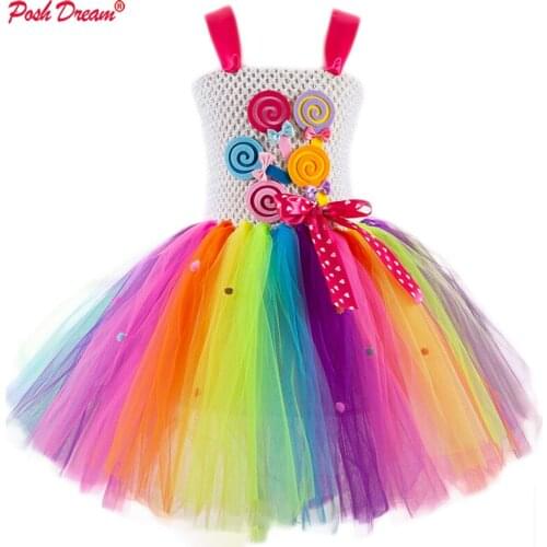 POSH DREAM Candy Patch Rainbow Children Kids Halloween Party Tutu Dresses Candy Cosplay Ribbon Toddler Baby Girls Clothes