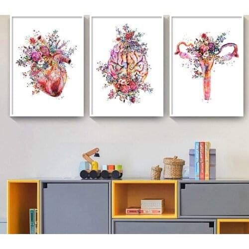 Modern Decoration Canvas Painting Anatomy Art Medical Floral Organs Heart Lung Poster Print Student Education Hospital Pictures