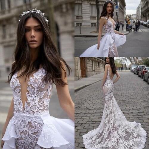 Custom Mermaid Wedding Dresses 2019 New Design Open Back Illusion Vintage Lace Vestido De Novia with Overskirt Bridal Gowns