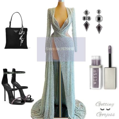 Turkish V-Neck 2020 Dubai A-Line Floor-Length Long Sleeves High Silt Beaded Sequined Prom Dress Formal Dress Vestido de festa