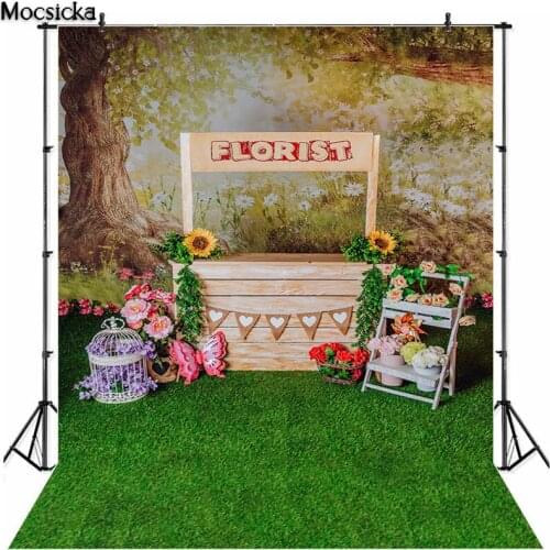 Spring Florist Backdrop for Kids Cake Smash Birthday Photographic Studio Green Grass Butterfly Flowers Decor Photo Backgrounds
