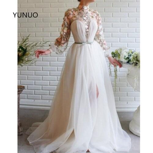 YUNUO Elegant Evening Dresses Long Sleeves Flowers High Collar Split Formal Prom Dress vestidos de fiesta largos robe de soiree