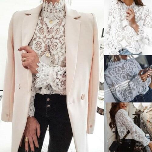 Ladies Lace Crochet Flower Shirt Shirt Top Ladies Cotton Casual Loose Long Sleeve