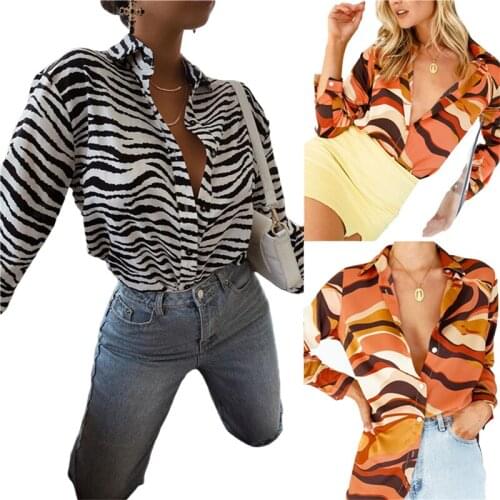 Women Fashion Button Down Lapel Shirts Fashion Abstract/Zebra Print Long Sleeve Loose Tops