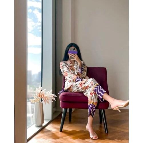 Women flower Print Turn-down Collar slim Blazer Coat Female Elasticity high waist pants Ladies Streetwears Two pieces set