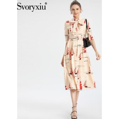 Svoryxiu Fashion Summer Women Elegant Midi Dress Bow Collar Sashes Slim Half Sleeve Sailing boat Printing Party A-Line Dresses