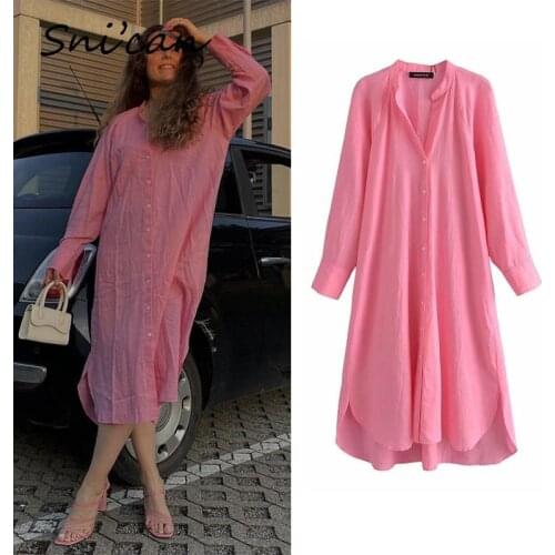 Za Pink Shirt Dress Summer Fashion Plus Size Dresses For Women Long Sleeve Oversize Casual Split Vestido Midi Sukienka Letnia
