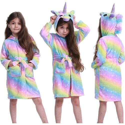 2021 Warm Kigurumi Bathrobe Kids Animal Cartoon Unicorn Cute Children Bathrobes Flannel Pajamas Boys Girls Robes Sleepwear