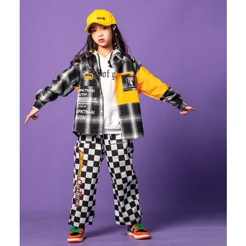 Kids Ballroom Hip Hop Dancing Outfits Checkered Shirt Cargo Pants Girls Jazz Dance Wear Costume Rave Clothes