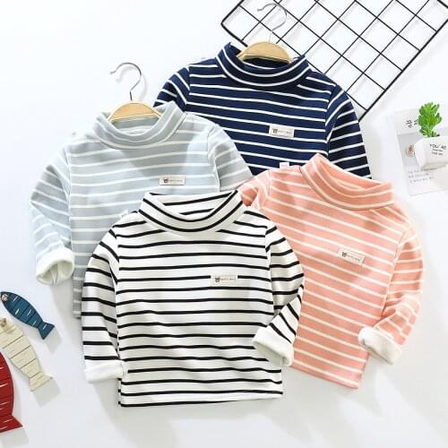 Kids Winter Stripe T-shirts Turtle Neck Long Sleeve T Shirt Winter Fleece Lined Tops Baby Girls Warm Clothes