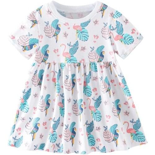 Jumping Meters Breathable Girls with Cute Birds and Flowers Pattern Cotton Kids Summer Sling Short Sleeve Dress for Casual Skirt