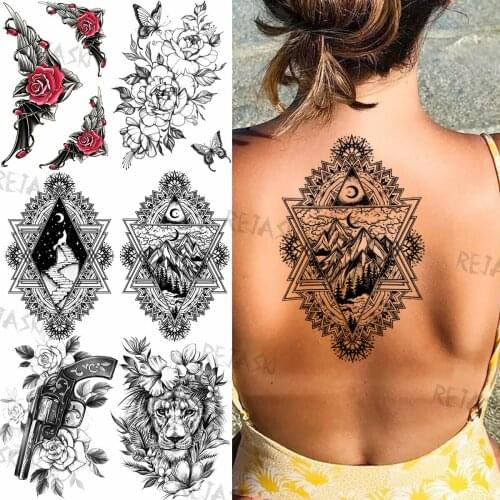 Mandala Geometric Mountain Moon Temporary Tattoo For Women Adult Fake Gun Lion Butterfly Flower Tatoos Body Art Tattoo Sticker