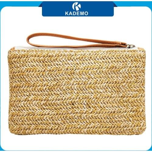 KADEMO Natural Straw Clutch Bag Women Wallet Bohemian Summer Beach Handbags Purse Zipper Wristlet Wallet Handwoven Beach Clutch