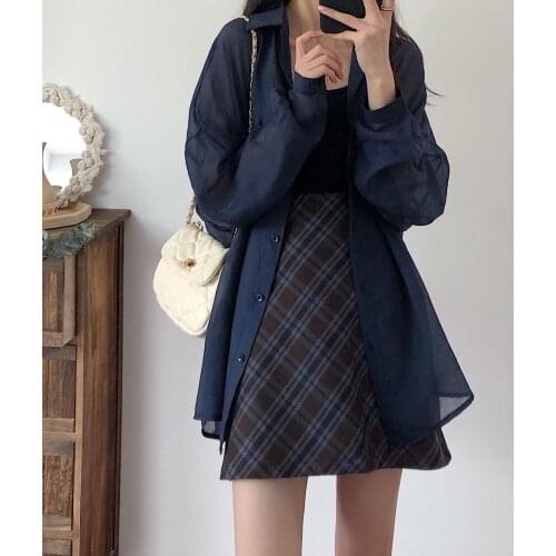[Three-piece Suit] Fashion Suit Female Summer Korean Loose Chiffon Sunscreen Shirt + Camisole + Plaid Skirt