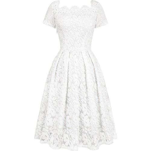 Lace Mesh Dress Sexy Floral Maxi Dress Women Short Sleeve O-Neck Dresses Elegant Retro Summer Pleated Cocktail White Dress
