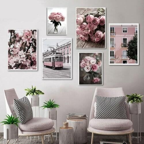 Flower Rose Building Tram Carnation Landscape Nordic Posters And Prints Wall Art Canvas Painting Wall Pictures For Living Room