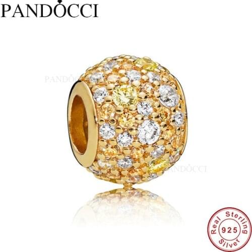 QANDOCCI 925 Sterling Silver Golden Mix Pave Charm Beads Fits for Original Bracelets Jewelry 2018 New Spring