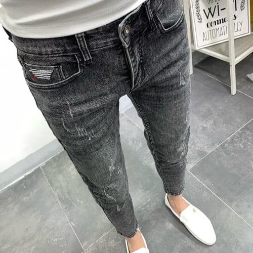 Wholesale 2021 Fashion Casual teenager denim hip hop new social spirit guy skinny jeans mens ankle length feet pencil pants