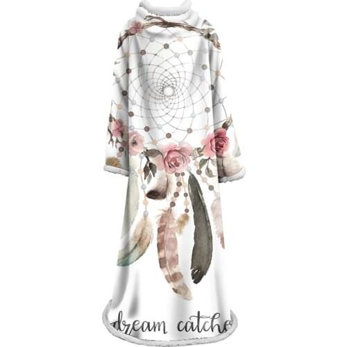Dreamcatcher Feathers Sleeve Blanket Watercolor Boho Sherpa Microfiber Throw Blanket Bohemia Floral Home Textiles With Sleeve