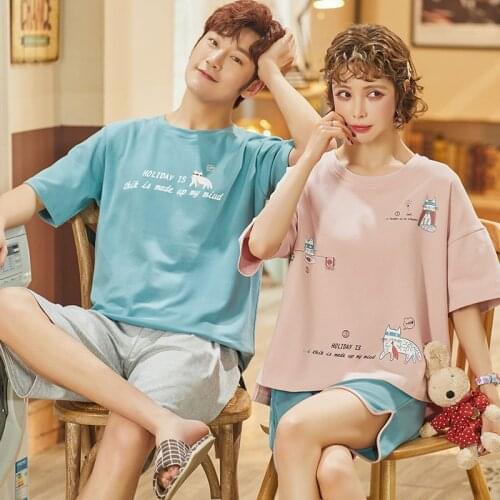 Cute Cat Pajamas For Couple Short Pants Short Sleeve Night Suit Womens Sexy Sleepwear Set Mens Summer Nightwear Lovers Homewear