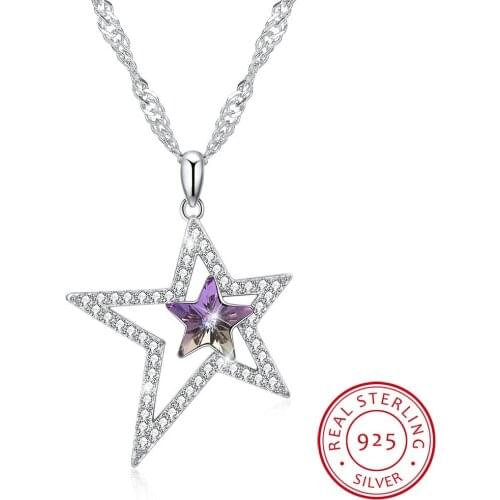 LEKANI Crystals Double Stars Necklaces Pendants Real 925 Silver Chain Max Collares For Women Gifts Fine Jewelry