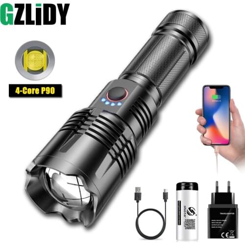 Portable LED Flashlight with 4-core P90 Powerful Torch Waterproof Zoomable Camping Lantern USB Rechargeable 18650 Bicycle Light