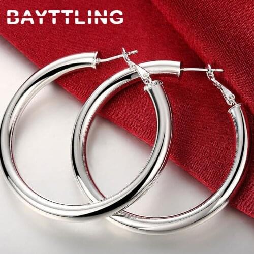 BAYTTLING 925 Sterling Silver Smooth Round Gold/Silver 50MM Big Hoop Earrings For Woman Fashion Gift Wedding Christmas Jewelry