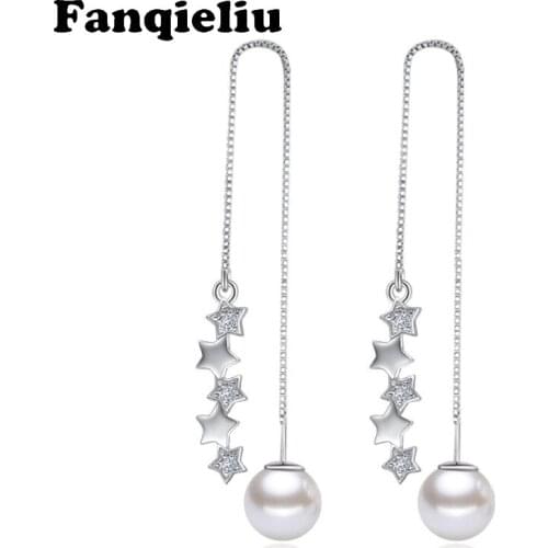 Fanqieliu 5 Star Long Chain Pearl Drop Earrings Real 925 Sterling Silver Earrings For Women Rhinestone Jewelry Earring QL1932611