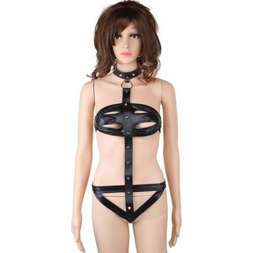 Sexy Women Black Faux Leather Cage Bra Teddies Bodysuit with Lead Breast Harness One Piece Bikini Teddy Fetish Lingerie