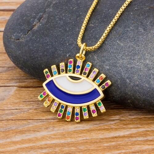 High Quality Rainbow Cubic Zirconia Choker Necklaces Encrusted Turkish Evil Eye Fashion Trendy Girl Lady Copper Pendant Necklace
