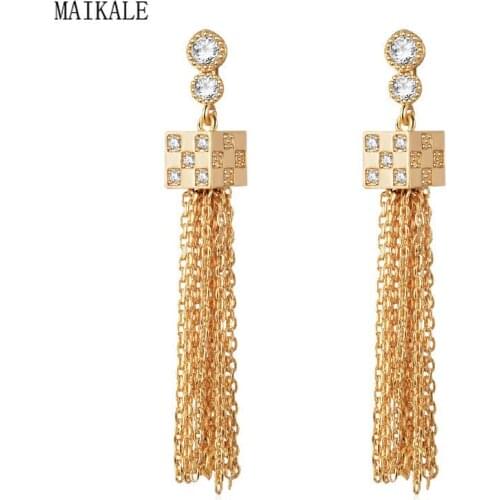 MAIKALE Fashion Design Tassel Chains Long Earrings Magic Cube Shape Zirconia Gold Earrings for Women Jewelry Unique Gifts