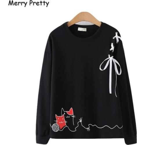 Merry Pretty Cotton Womens Cartoon Cat Print Lace Up Hoodies Sweatshirts 2020 Winter Long Sleeve O-Neck Cute Tracksuit Pullover