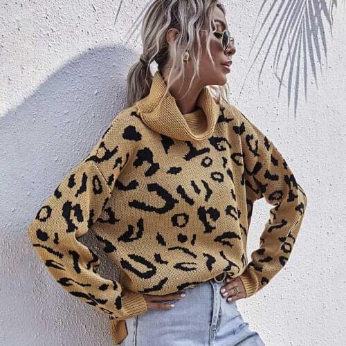 Womens Knitted Turtleneck Jumper Leopard Long Sleeve Warm Turtleneck Pullover Sweater Oversized Sweater New