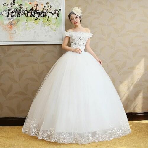 Its YiiYa Wedding Dress Boat Neck Lace Up Bridal Ball Gown Shining Crystal Floor Length Sleeveless wedding dresses HS209