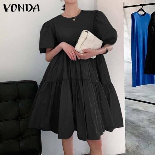 Vacation Sundress Summer Dress Women Vintage Solid Color Short Sleeve Dress 2021 VONDA Femme Robe Casual Vestidos Oversized